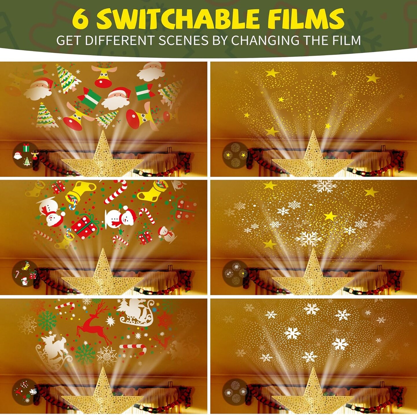 Christmas Tree Star Topper with 6 Switchable Projection Patterns (Gold/White)