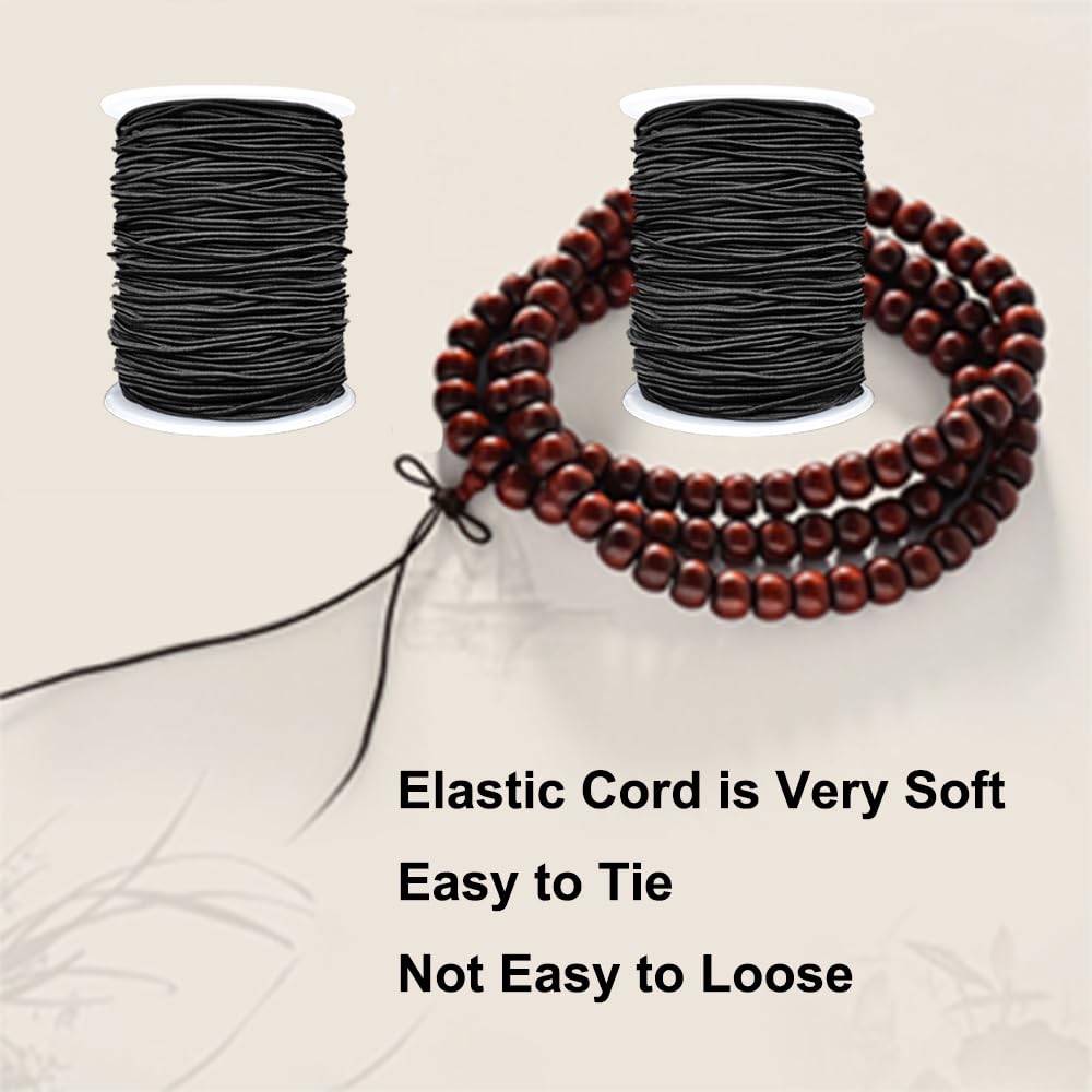 Stretchy String for Bracelets, 2 Rolls 1 mm Sturdy Elastic String Elastic Cord for Jewelry Making, Necklaces, Beading (Black)