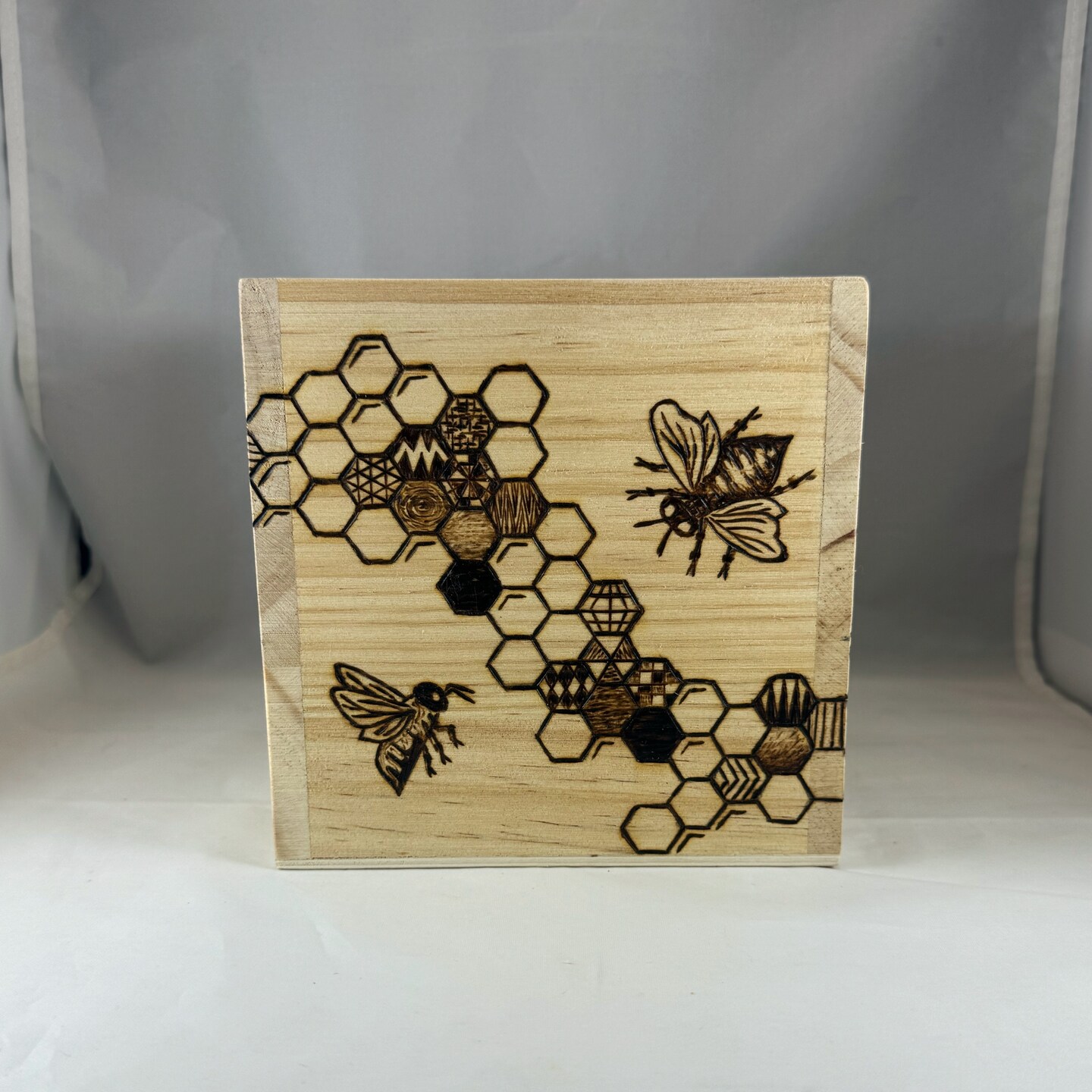 Honeybee Honeycomb Hexagons Square Wood Box w Handle, Pyrography