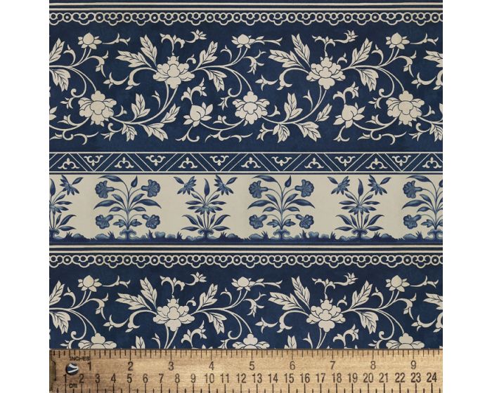 Floral Motif Stripe Blue Cotton Fabric | By the Yard | Sewing and Crafting | 44 inches wide