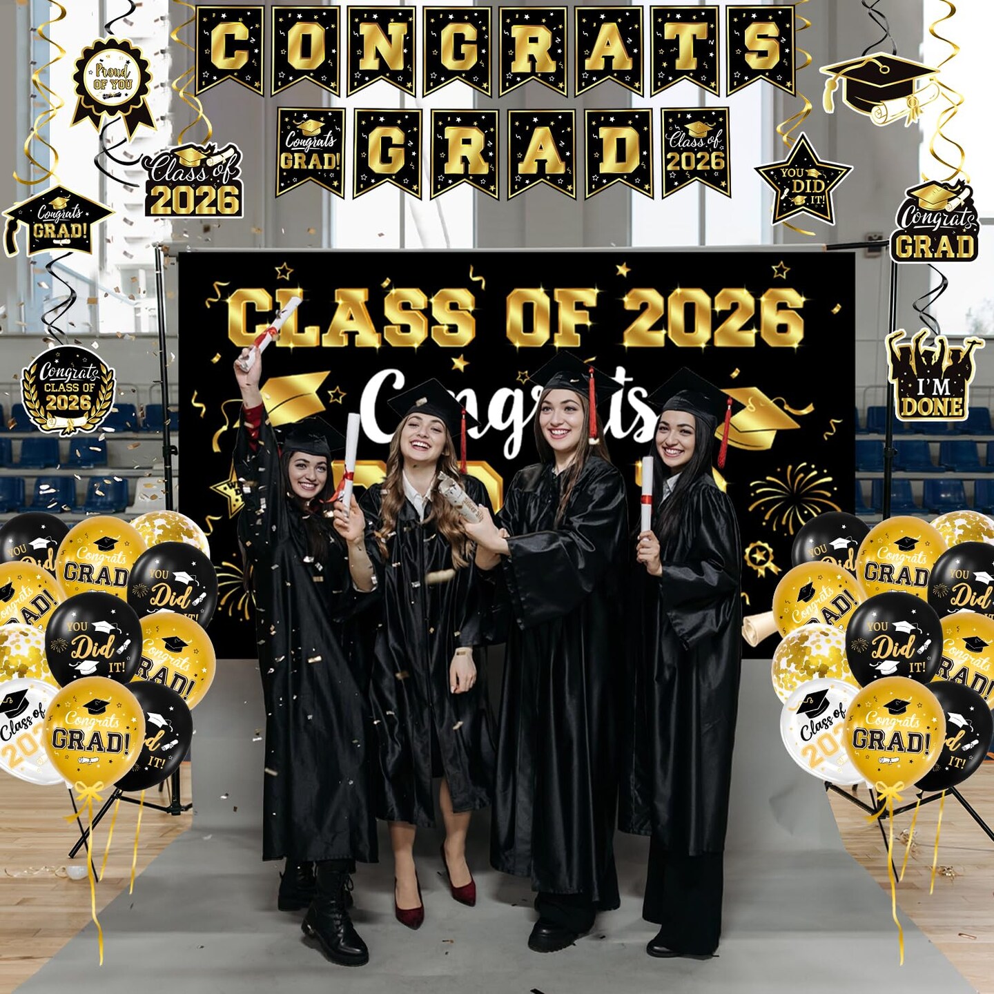 2026 Graduation Decorations - Black and Gold Graduation Decorations Set Congrats Grad Banner & Backdrop, Porch Sign, Hanging Swirls, Balloons, Honeycomb Centerpieces for Congrats Grad Party Decorations