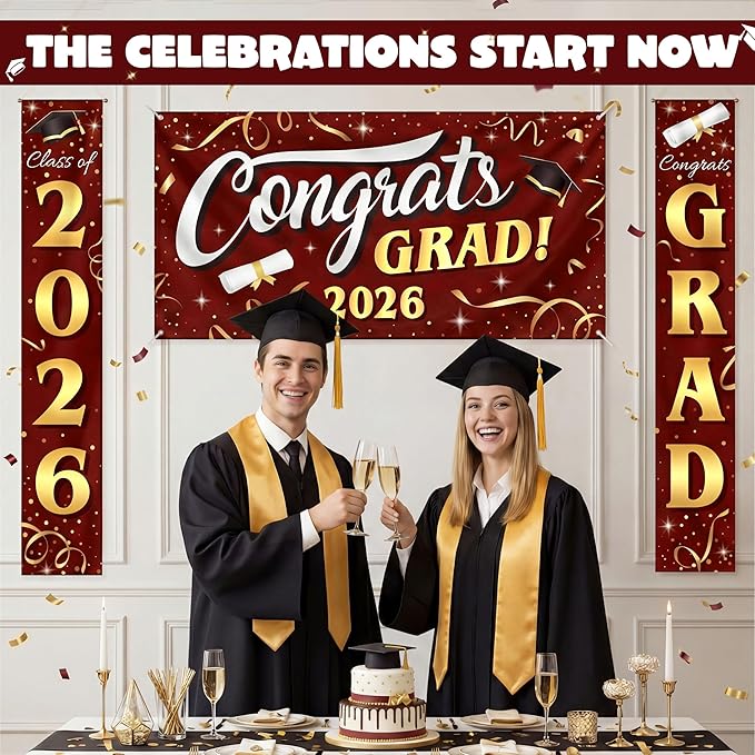 Class of 2025 Maroon & Gold Graduation Backdrop Set - 3-Piece Premium Satin "Congrats Grad" Banner Bundle - Weather-Resistant Hanging Porch Signs & Large Photo Backdrop for Indoor/Outdoor Senior Party Decor