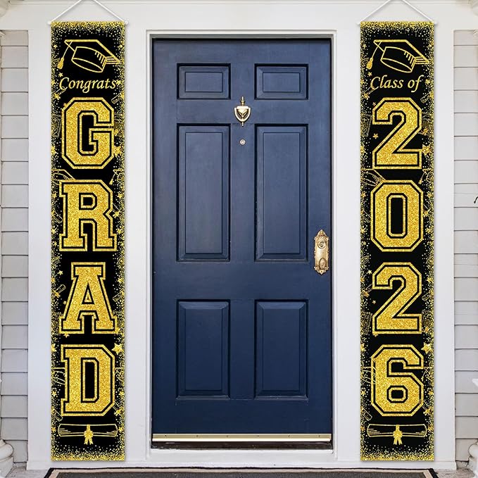 Class of 2026 Black & Gold Graduation Porch Banner Set - "Congrats Grad" Front Door Hanging Signs - Premium Weather-Resistant Fabric Decor for High School & College Graduation Party Supplies