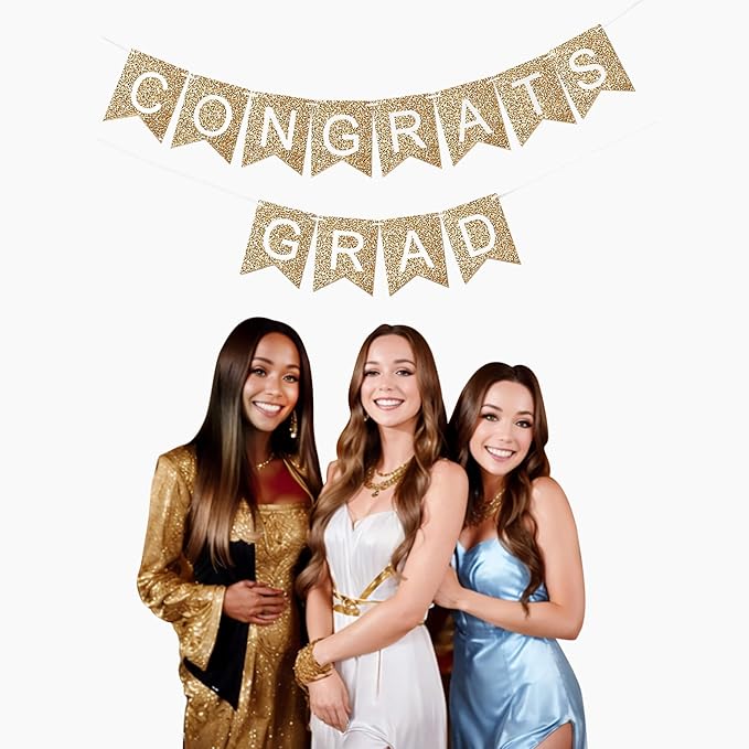 Class of 2026 Congrats Grad Banner - 2-Piece Gold Glitter Graduation Garland Set - Elegant Pre-Strung Sign for High School, College, and University Graduation Party Backdrop Decorations