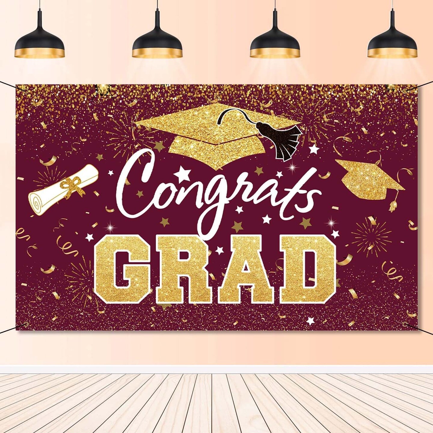 Graduation Party Decoration – Maroon & Gold Congrats Grad Class of 2026 Backdrop Banner, Large Photography Background Wall Sign for Graduation Party Supplies