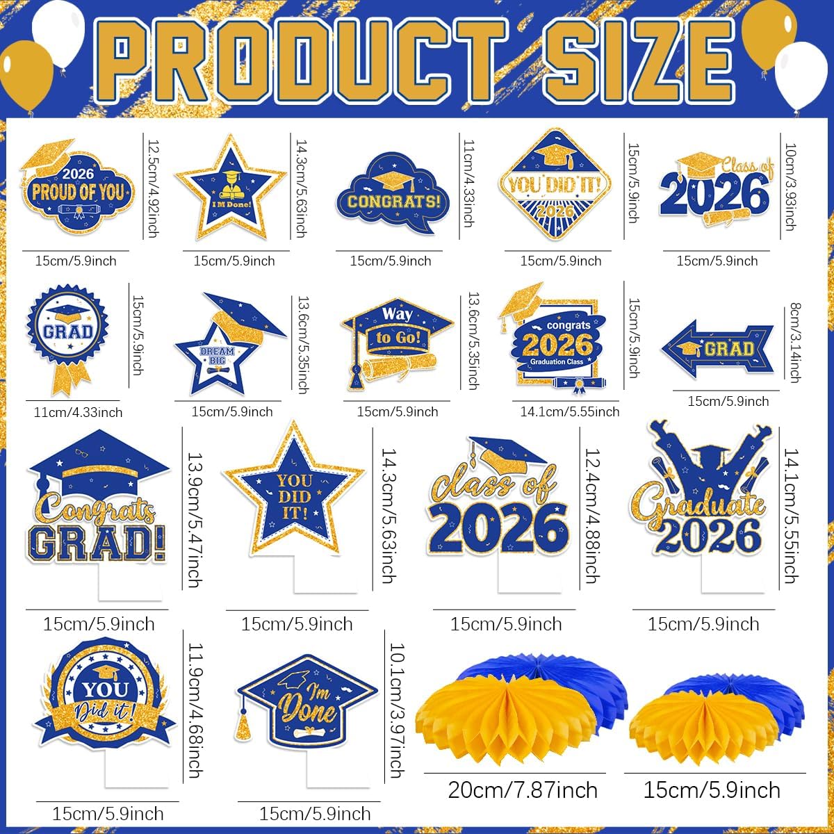 Graduation Party Decoration – Blue & Gold Class of 2026 Banner Kit with Congrats Grad Backdrop, Balloons, Paper Pompoms & Hanging Swirls, Complete Graduation Party Supplies Set