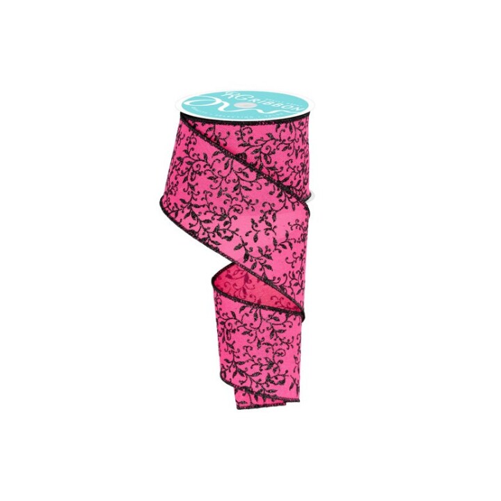 Halloween Ribbon Fuchsia & Black | 2.5"x10yd Glitter Vine Wired Craft Trim-RGF131583