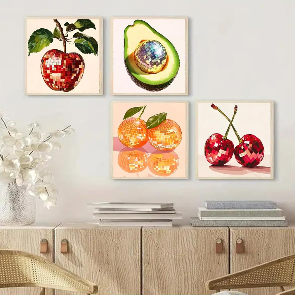 4-Pack DIY Paint by Numbers Kits for Adults & Kids – 8"x8" Canvas with Fruit & Disco Ball Designs, Acrylic Paint Kit with Frame – Beginner-Friendly Fun Art for All Ages