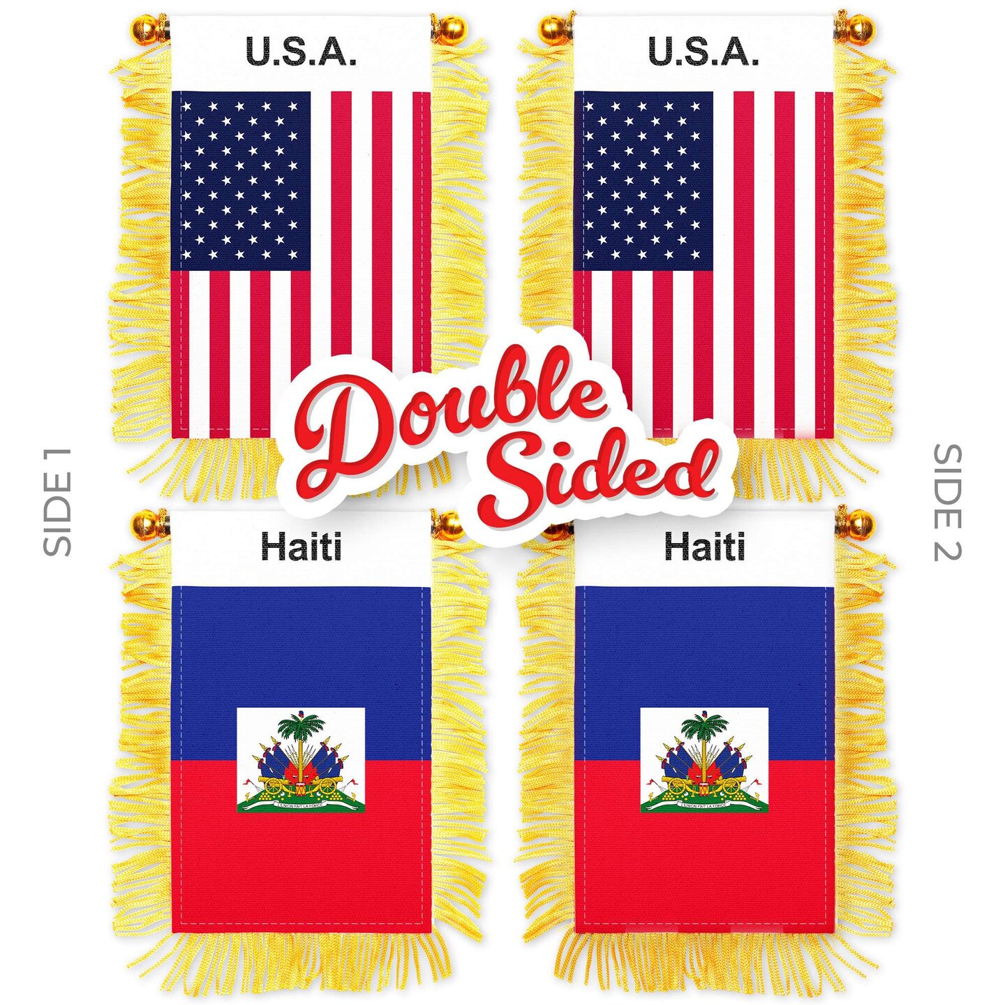 G128 Combo Pack: American USA & Haiti Haitian Fringy Flag Double Sided 3x5 In | Both Fringy Hanging Flag with Suction Cup
