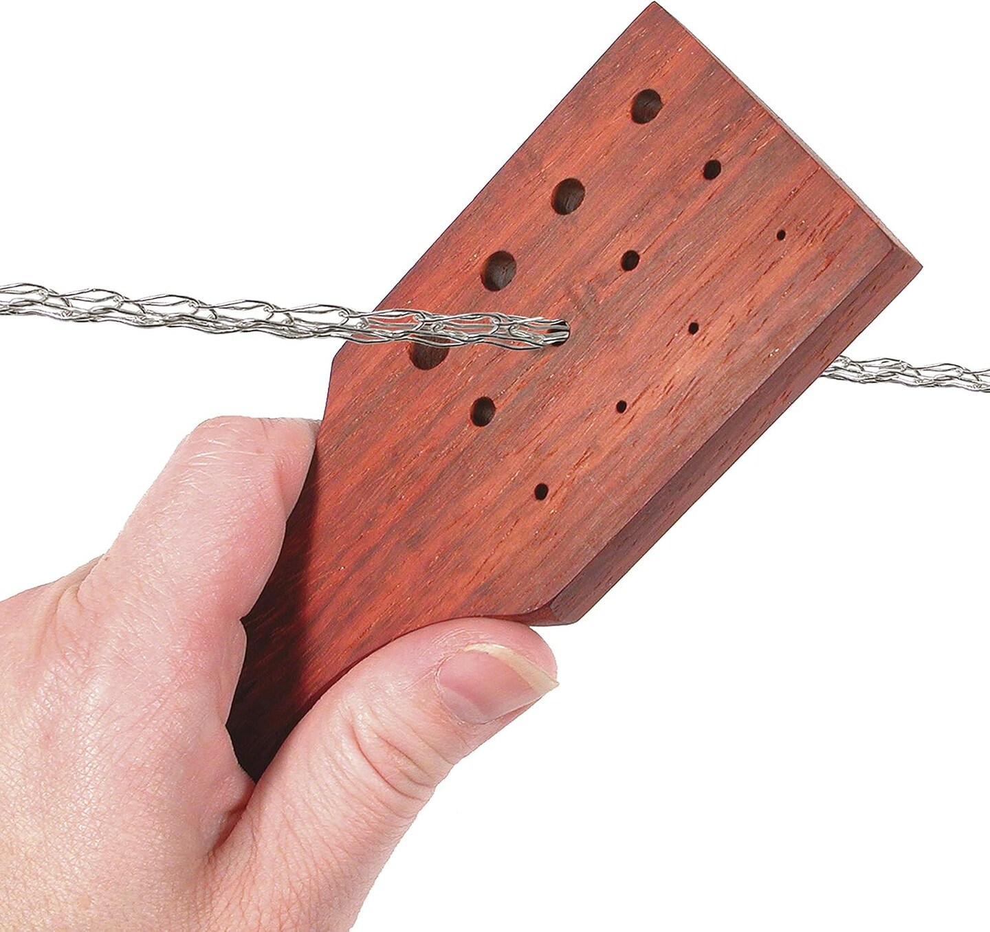 The Beadsmith Deluxe Wire Chain Drawplate, 6 x 2.25, Wooden, with Handle, 12 Holes - Diameter Range 1-7mm, Smooth, Shape and condense Knitted, Crocheted Woven or Braided Wire