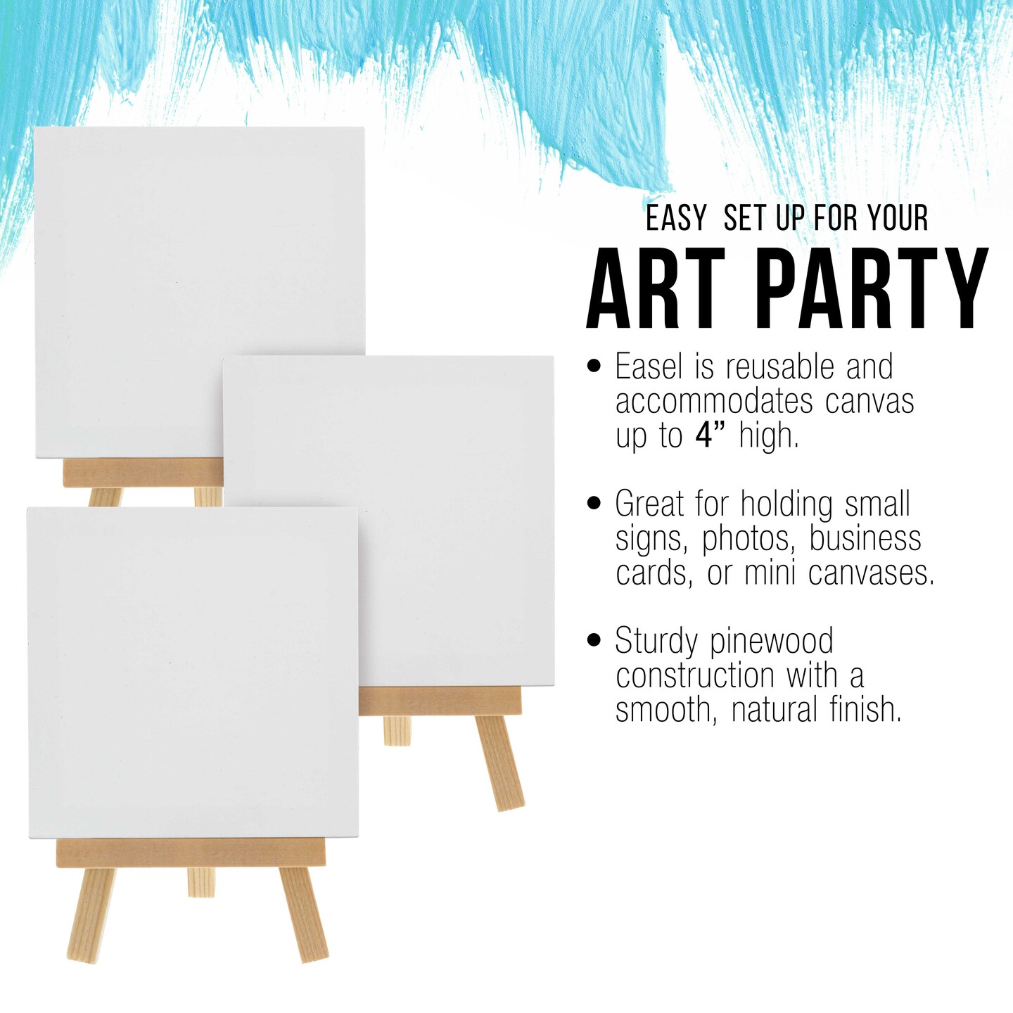 3&#x22; x 3&#x22; Stretched Canvas with 5&#x22; Mini Natural Wood Display Easel Kit, 12 Pack - Artist Tripod Tabletop Holder Stand - Kids Painting Party Oil Acrylic