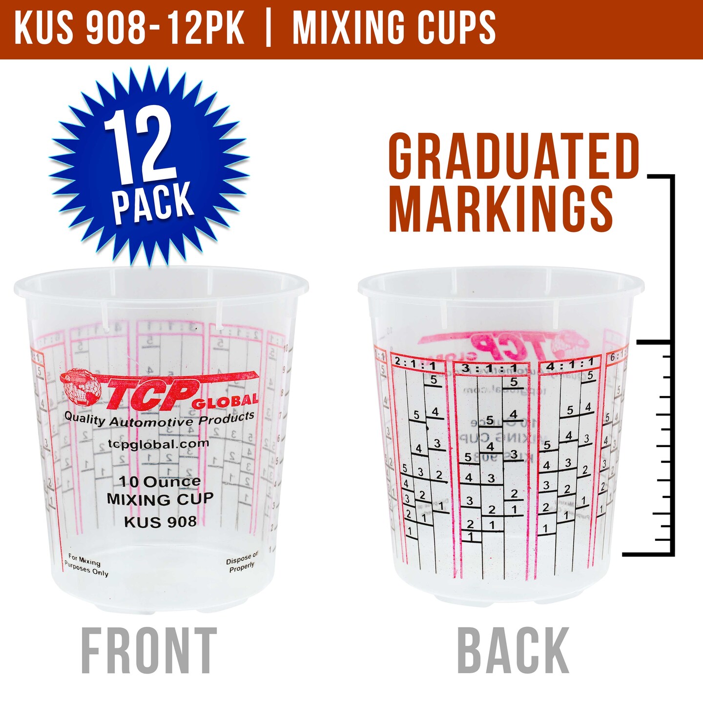 Paint Mixing Cups Plastic Measuring Cup Epoxy Resin, Disposable or Reusable, 8-Ounce (Half Pint) - Pack of 12 - Graduated, Mixing Ratios, Automotive Painting Acrylic Art Crafts