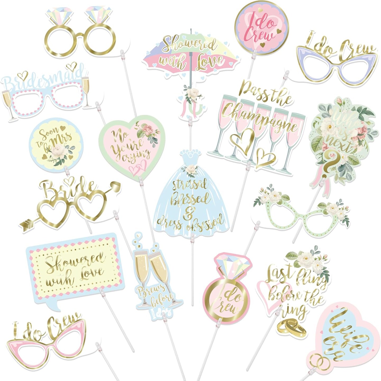 18 Pcs Bridal Shower Photo Booth Props, I Do Photo Props for Wedding, Hen Do, Proposal Party