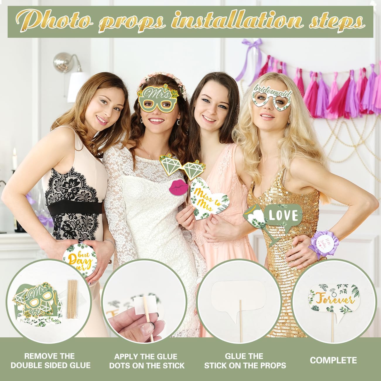 Bridal Shower Decorations Sage Green Wedding Decorations Engagement Party Decorations She Said Yes Party Photo Booth Frame &#x26; Props for Wedding Party Supplies
