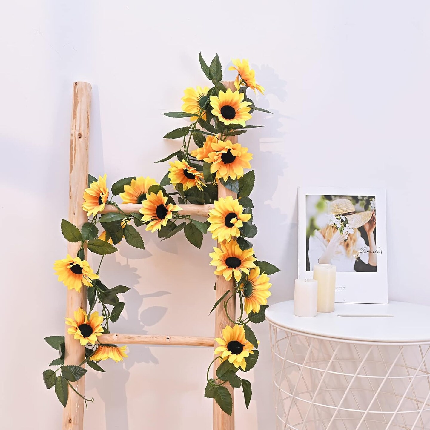 2 Pack Summer Artificial Sunflower Garlands &#x2013; Bright Yellow Floral Vines with Butterflies &#x26; Green Leaves for Summer Wedding, Party, and Outdoor Decor