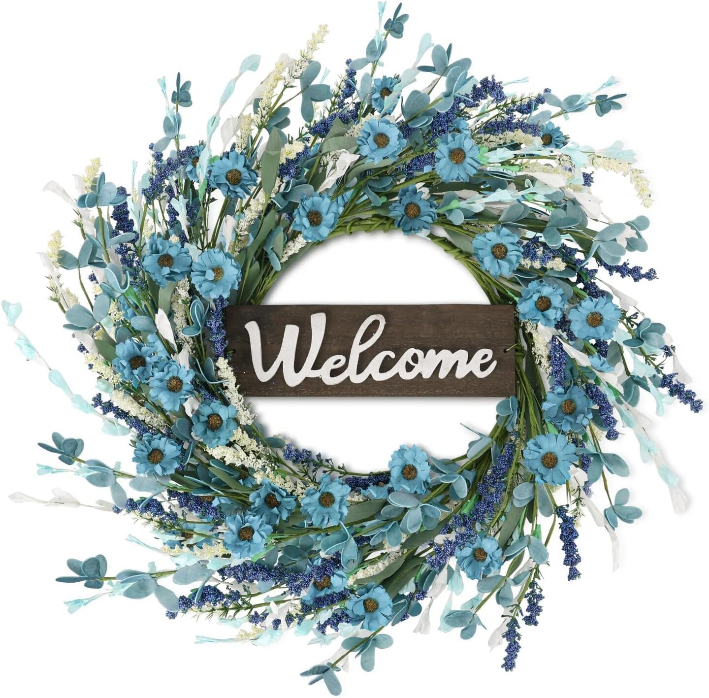 24inch Artificial Blue Forsythia Spring Flower Wreath for Front Door