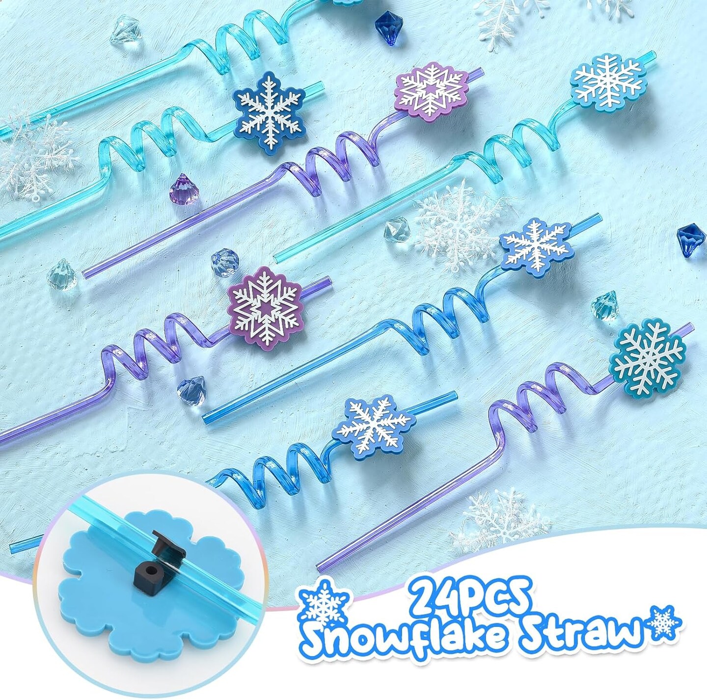 Snowflake Plastic Drinking Straws Frozen Party Favors, 24Pcs Reusable Straws Disposable Bulk, Goodie Bag Stuffers Classroom Prizes Winter Summer Kids Girls Elsa Frozen Birthday Party Supplies