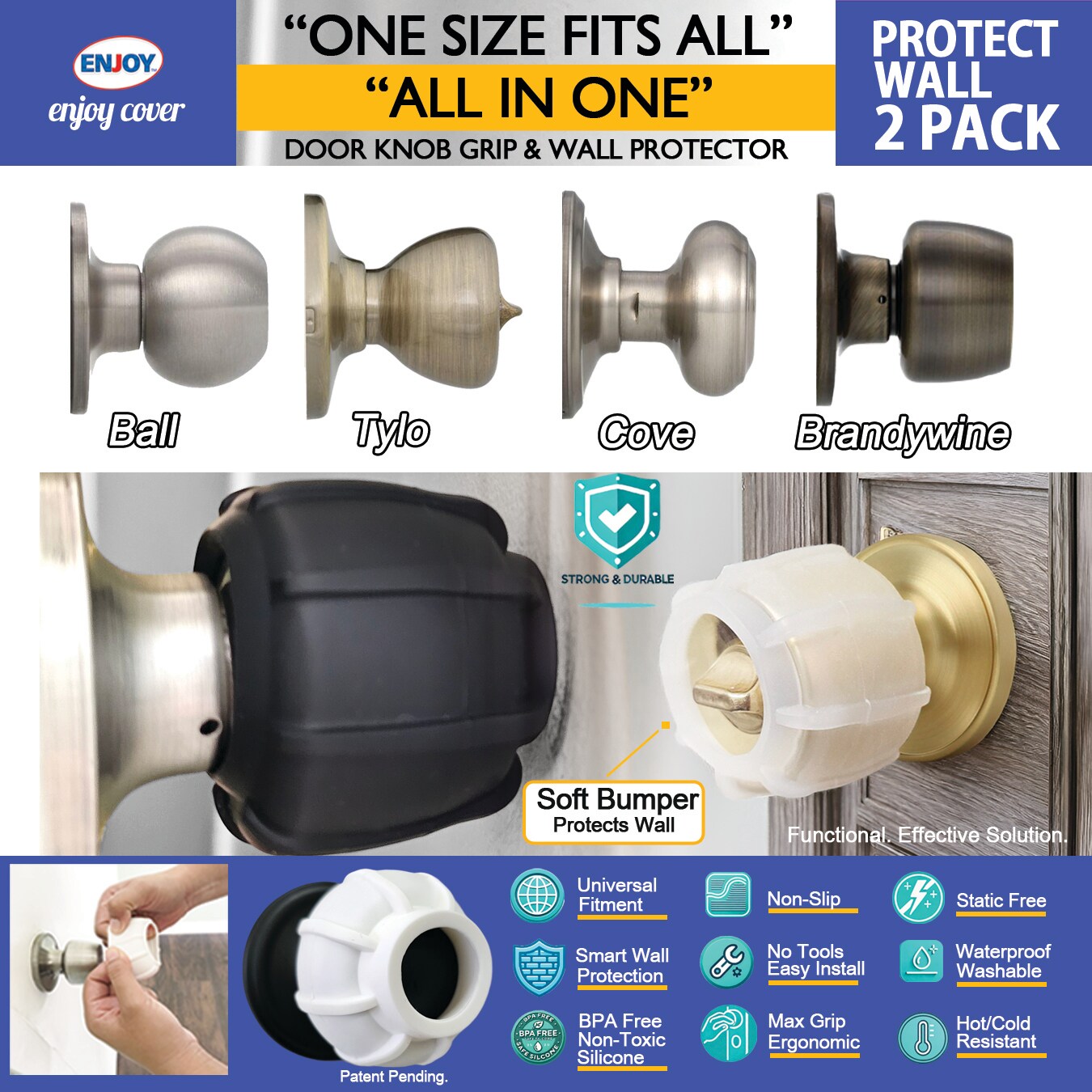 Enjoy Cover | Door Handle Grip Doorstop Knob Stopper Cover, Set of 2 Door Knob Grips Universal Size Protects Walls from Dents and Damage