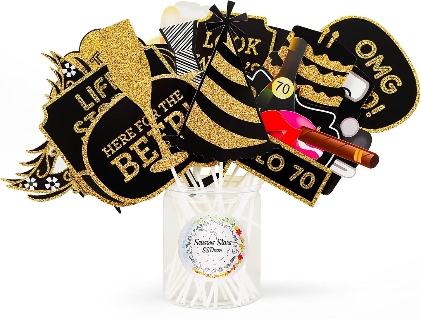 Adult 70th Birthday Photo Booth Props(41Pcs) for Her Him Cheers to 70 Years Birthday Party, Gold and Red Decorations