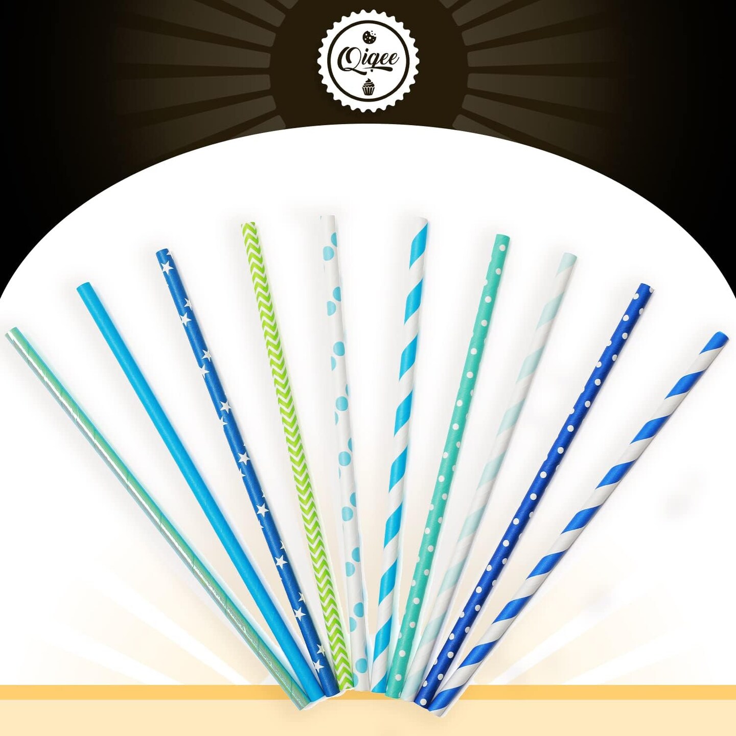 Blue Paper Straws 150pcs Disposable Bulk(10 Pattern)