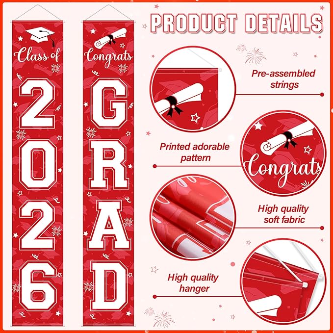 Graduation Party Decorations Class of 2026, Graduation Decorations with Congrats Grad Banner Fringe Foil Curtain Paper Flower Ball Balloons for High School College Grad Party Supplies, Red
