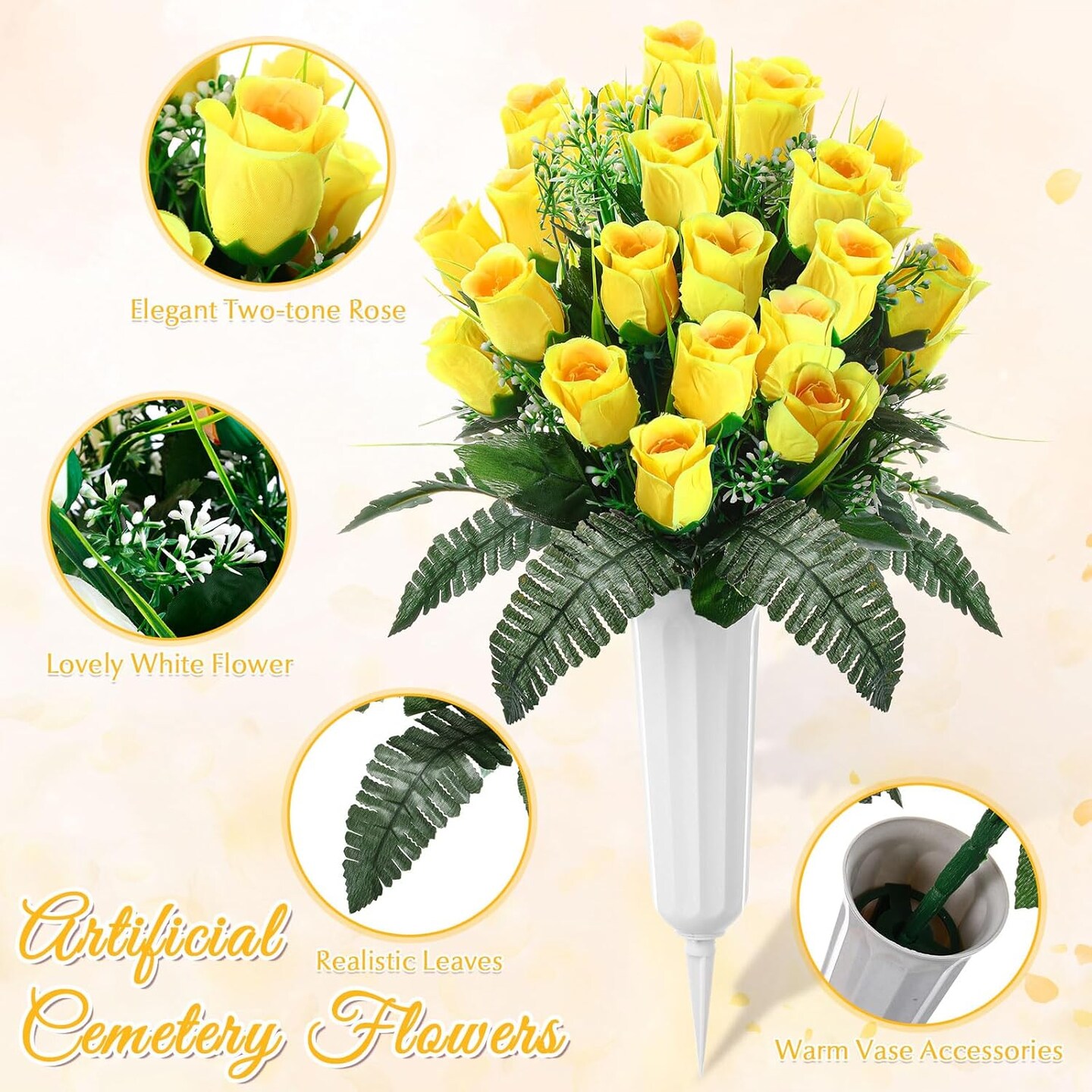 3-Piece Yellow Artificial Cemetery Flower Set - 1 Headstone Flower Saddle & 2 Matching Grave Bouquets with Vases - UV Resistant Silk Rose Memorial Decorations for Outdoor Tombstones