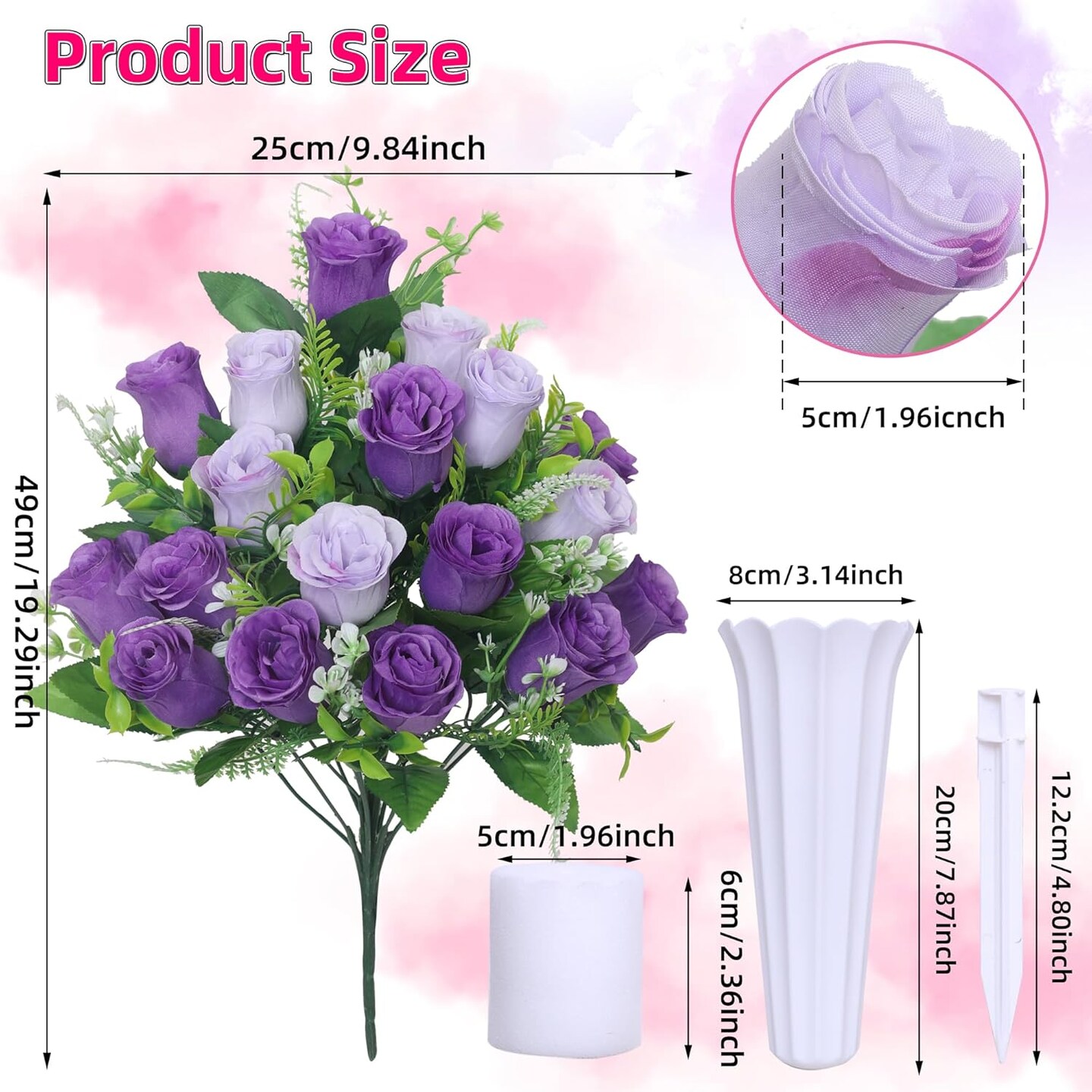 Set of 2 Artificial Cemetery Flowers with Vases & Ground Spikes - 18" Purple Silk Rose Memorial Bouquets - UV Resistant Weatherproof Grave Decorations for Outdoor Headstone Tributes