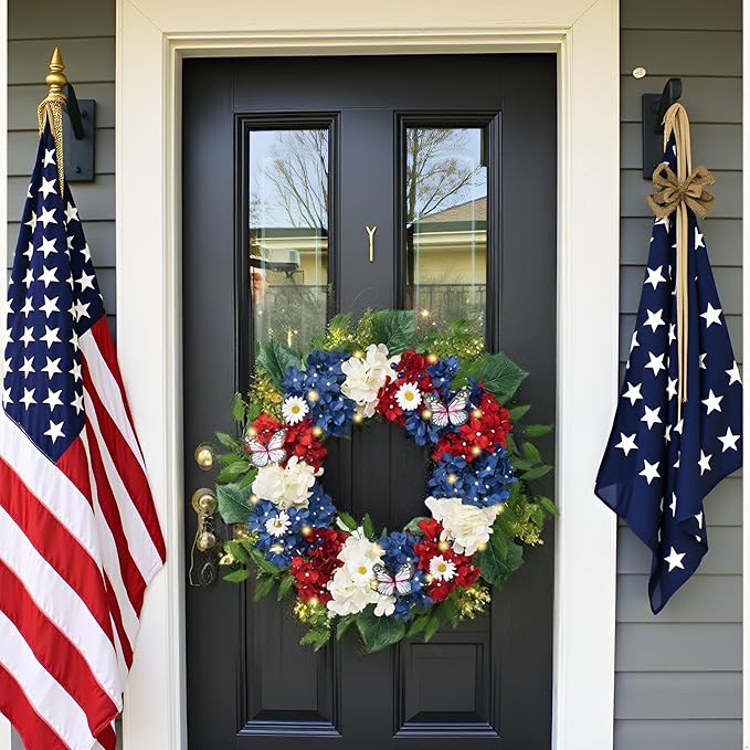 4th of July Wreath for Front Door with Lights, Red White Blue Patriotic Hydrangeas Wreath Memorial Day Decorations with Eucalyptus Leaves Butterfly for USA 250th Anniversary Summer, 18"