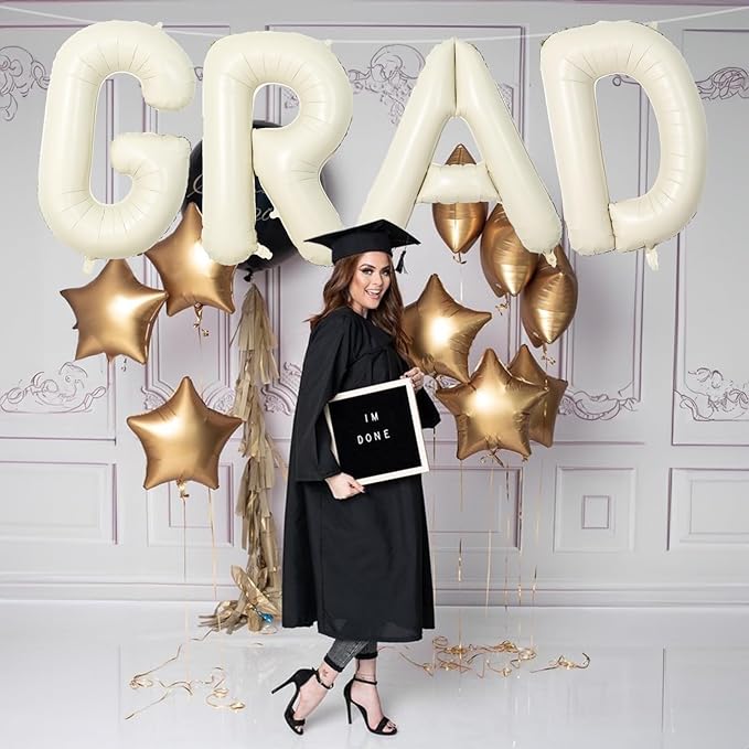 40 Inch Beige GRAD Balloons for Graduation Party Decorations, Large Cream White Sand Grad Balloons Letter, Ivory Alphabet Grad Banner Sign for Class of 2026 Congrats Grad Party Decor Supplies