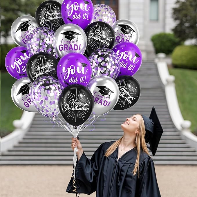 Graduation Balloons Purple,50 Puppliescs 12 Inch Purple Black Silver Graduations 2026 Balloons for University College High School Grad 2026 Graduation Party Supplies