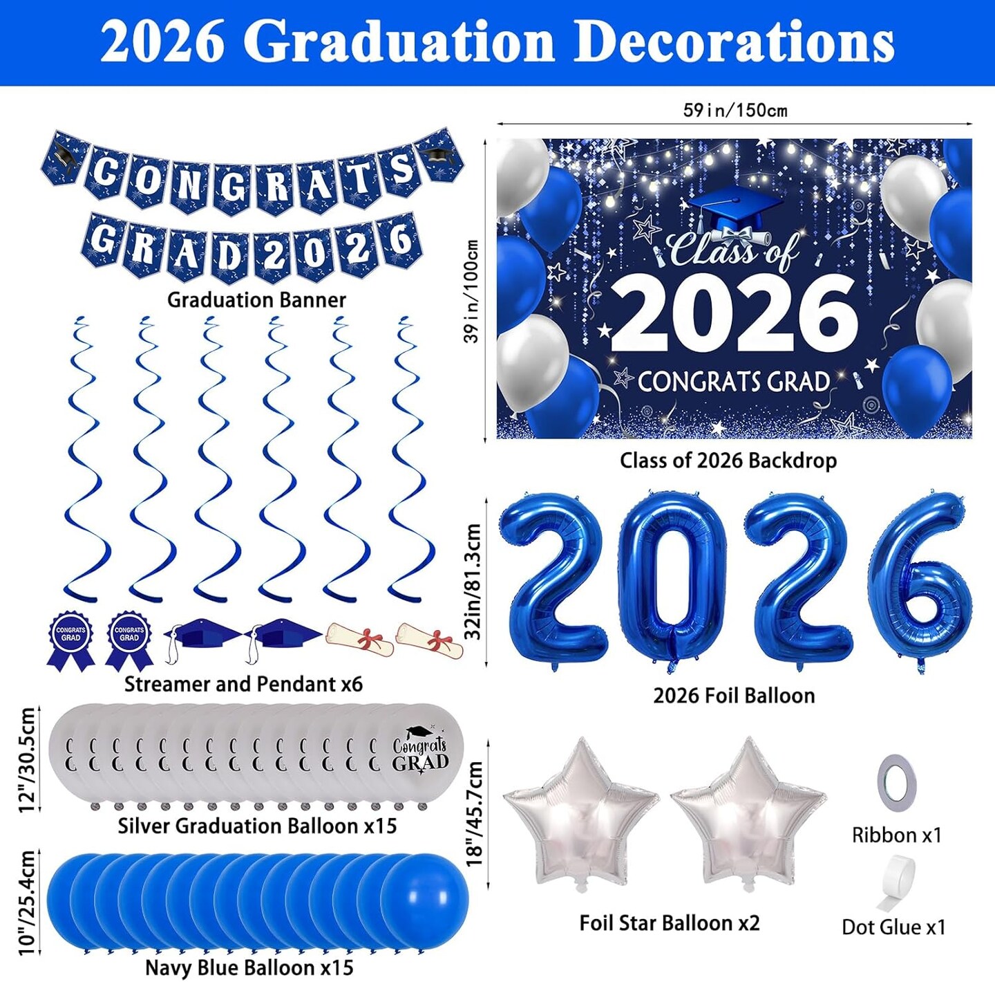 Class of 2026 Graduation Party Decorations – Navy Blue & Silver Balloon Kit, Banner, Streamers & Backdrop for High School, College & Grad Celebration