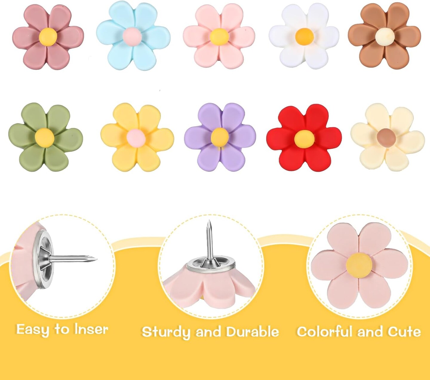 Flower Push Pins, 30Pcs Thumb Tacks for Cork Board, 0.5Inch Cute Push Pins for Bulletin Boards Cork Boards Cardboard Hanging Posters Wall Decorations (Colorful)