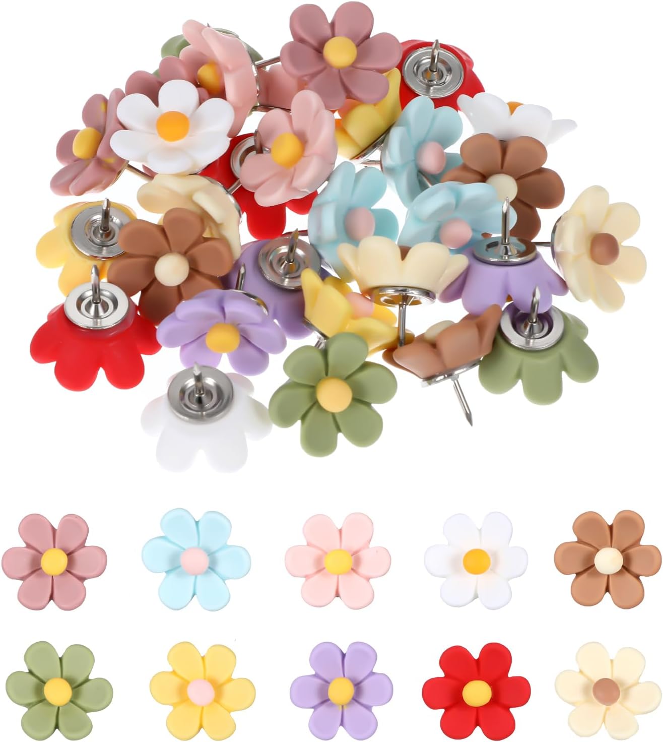 Flower Push Pins, 30Pcs Thumb Tacks for Cork Board, 0.5Inch Cute Push Pins for Bulletin Boards Cork Boards Cardboard Hanging Posters Wall Decorations (Colorful)