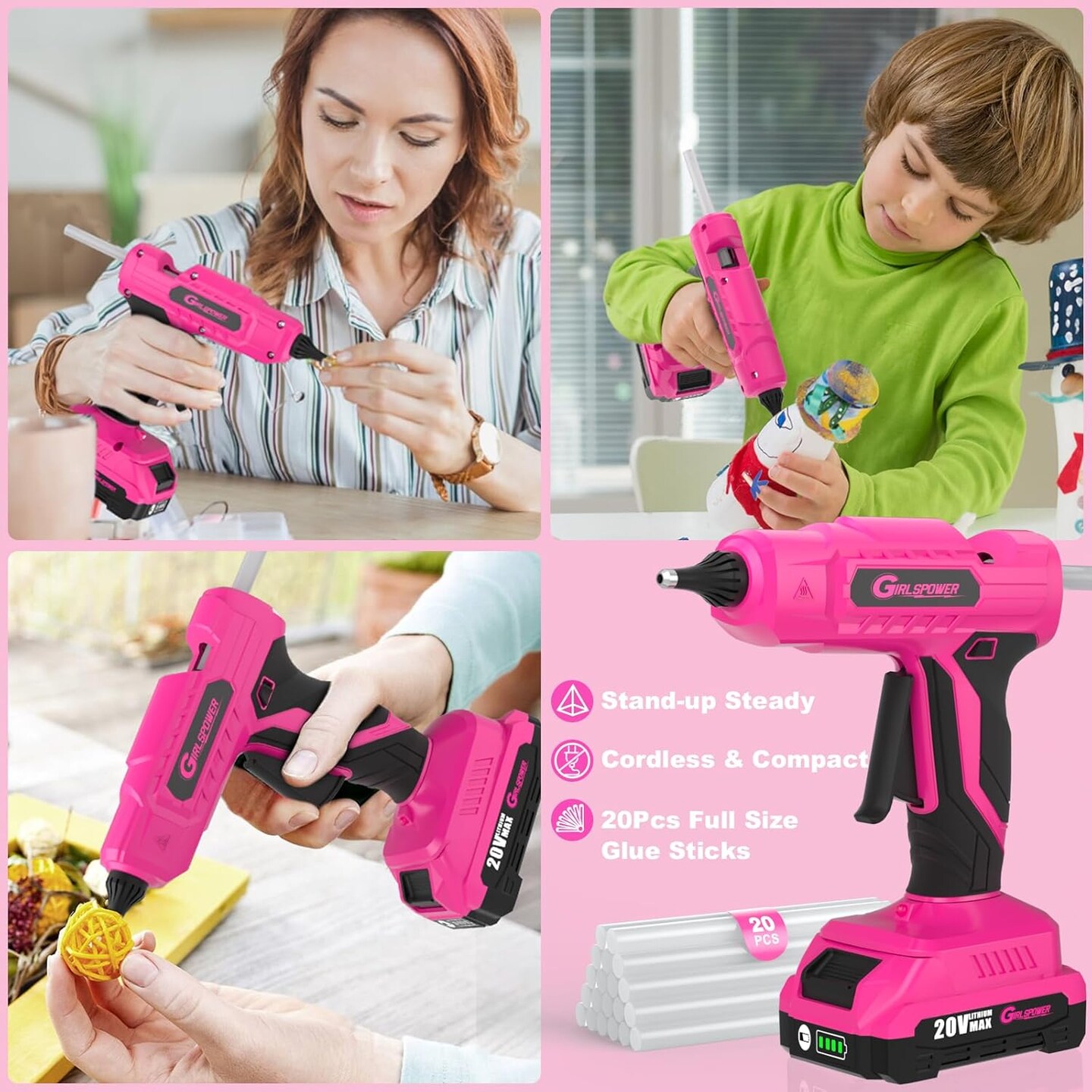Cordless Hot Melt Glue Gun, 20V Rechargeable Fast Preheating Glue Gun Kit with 20 PCS Full Size Sticks for DIY Arts &#x26; Craft