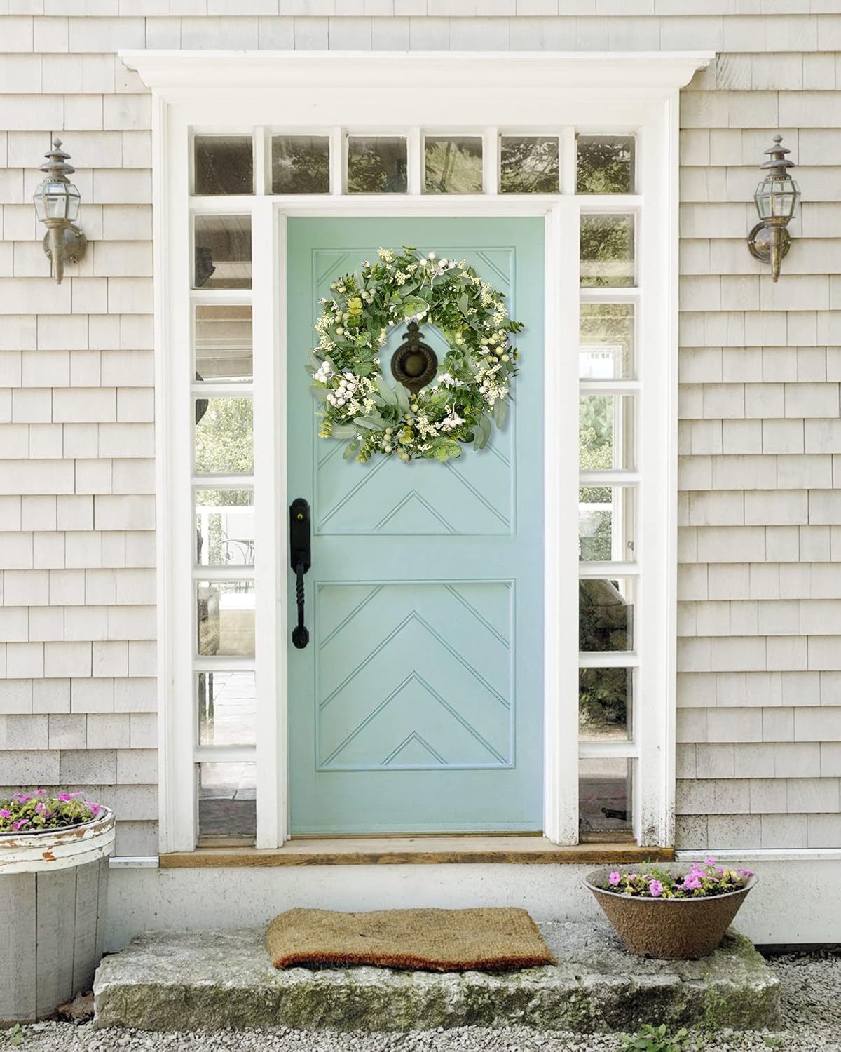Artificial Greenery Wreath Eucalyptus & Boxwood with Berries for Front Door Farmhouse Decor