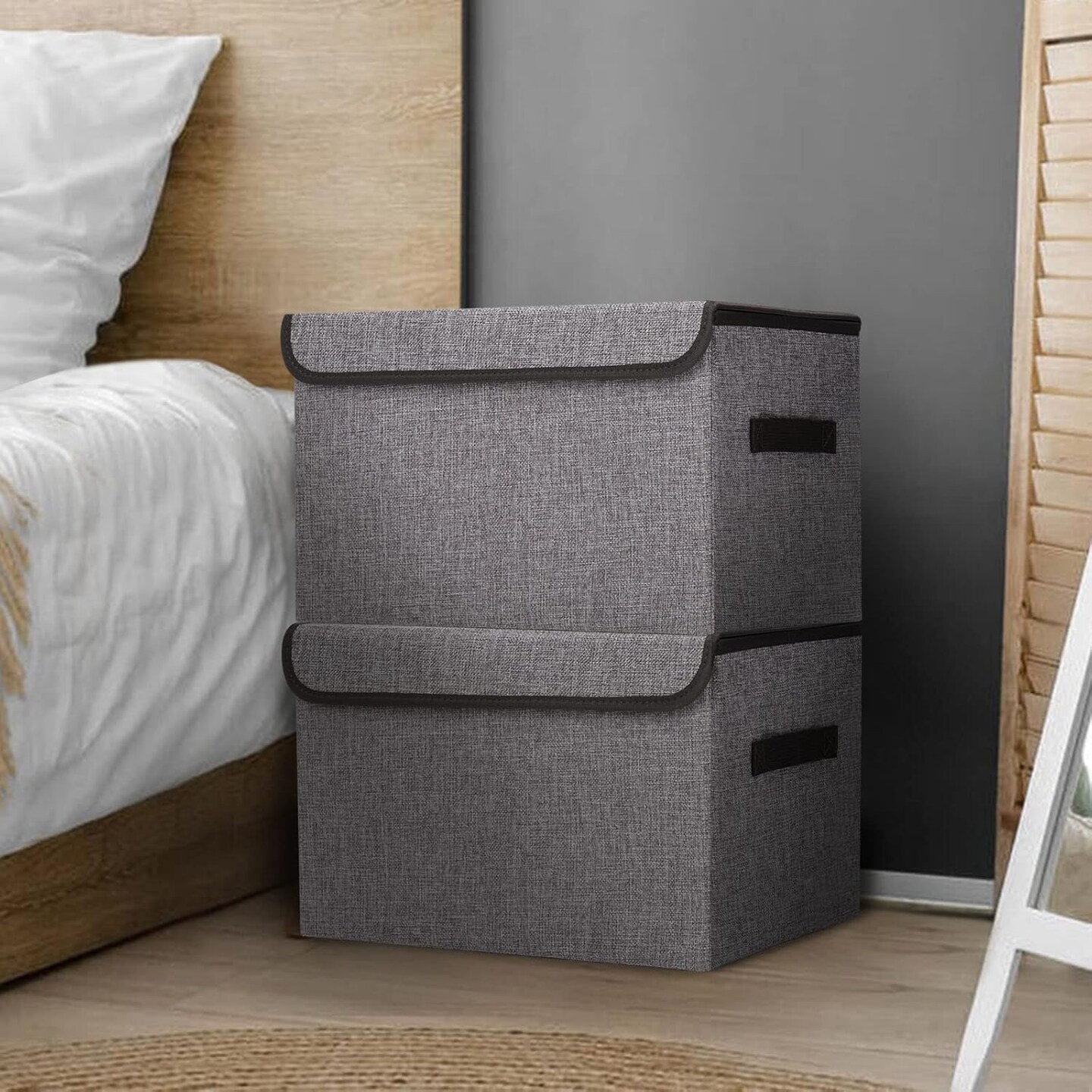 Large 17&#x22; 42 Quarts Collapsible Stackable Storage Bins with Lids [3-Pack] Foldable Fabric Linen Storage Boxes Cube, Closet Organizer Baskets with Label for Home (16.7 x 12 x 12, Gray)