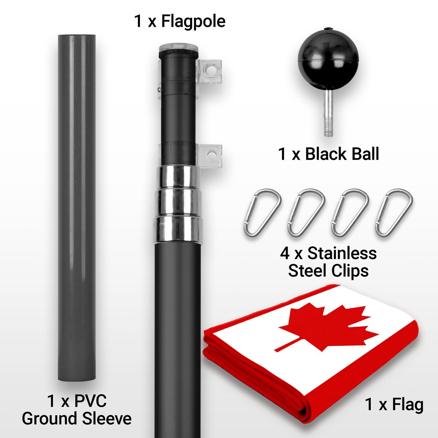 G128 Combo Pack: 16 Ft Telescoping Aluminum Flagpole (Black) &#x26; Canada Canadian Flag 3x5 Ft, ToughWeave Series Embroidered 300D Polyester | Pole with Flag Included