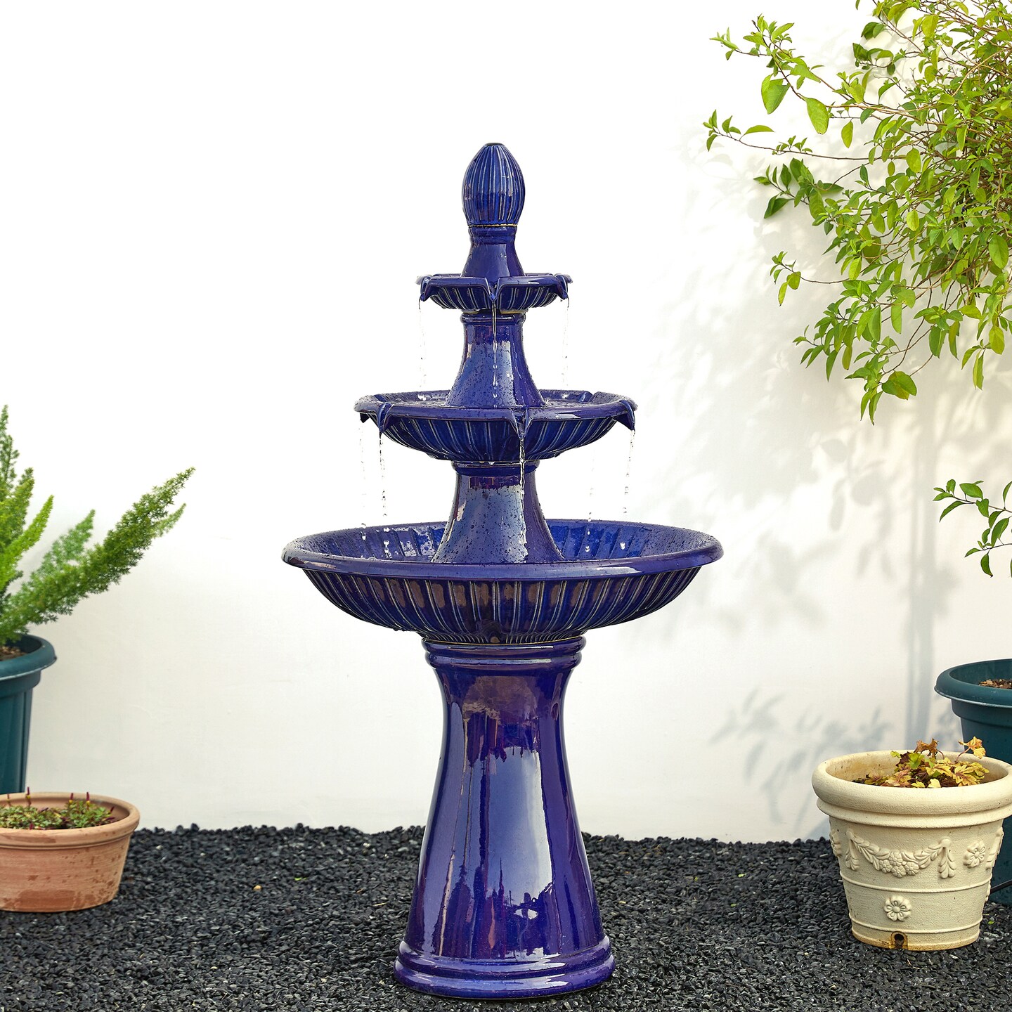 45.25" Oversized 3-Tier Pedestal Ceramic Outdoor Fountain with LED Light, Includes Pump, Multiple Colors