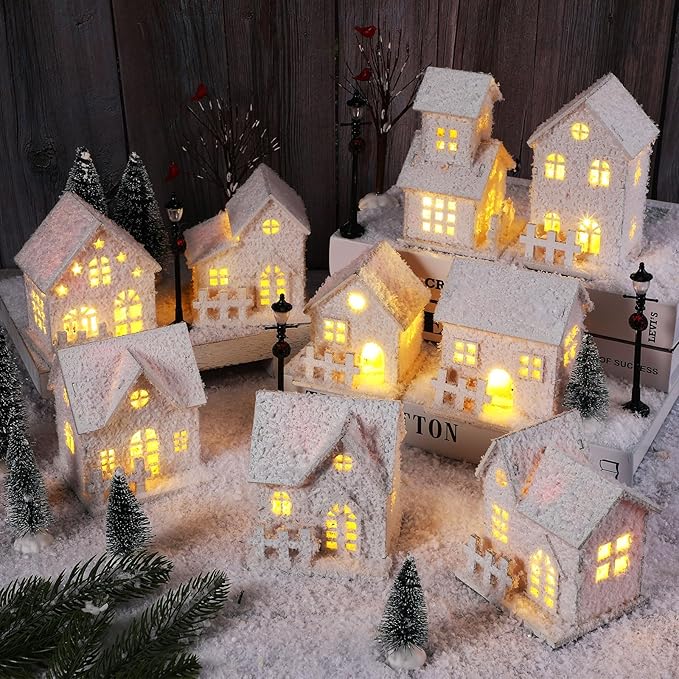 1 Set Light Up Christmas Streets Hotel Village Holiday top & 12 Figurines Trees