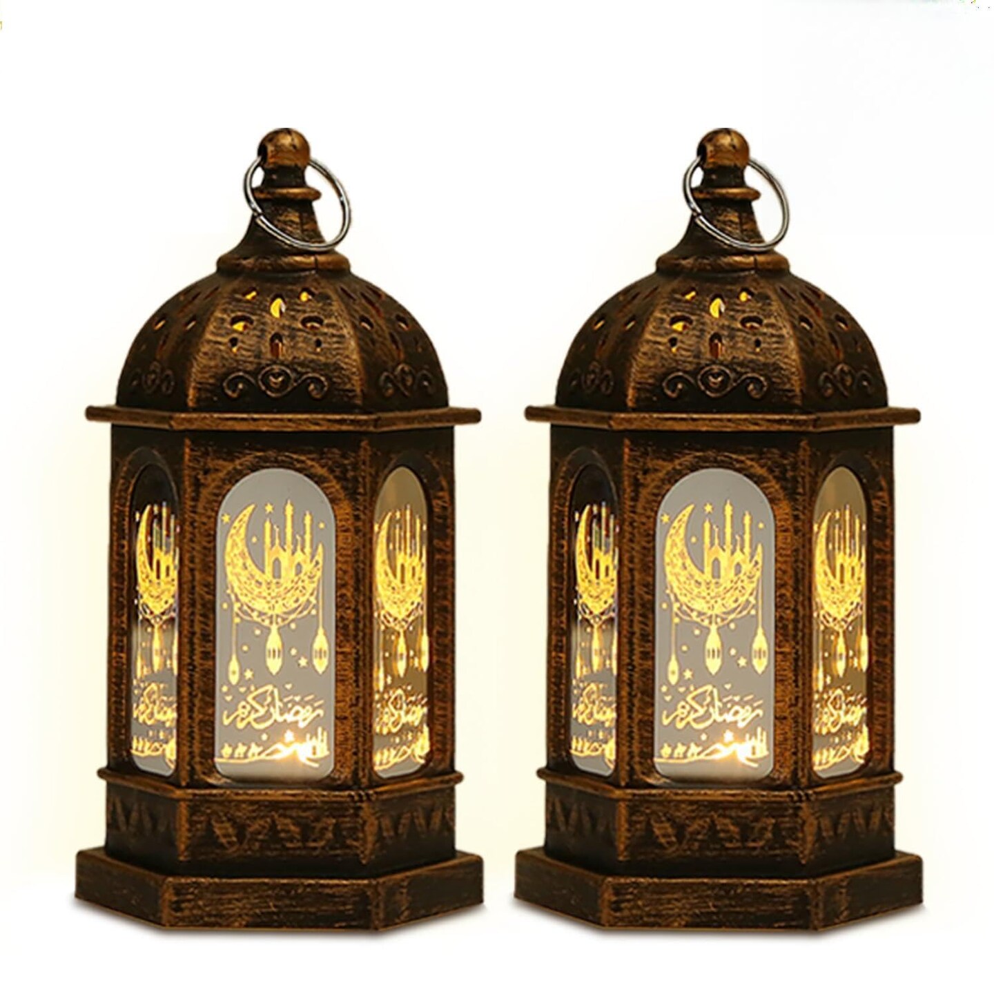 Ramadan Decorations, Ramadan Lantern Lights with Islamic Moon Star Decorations, Mini LED Hanging Lantern Decor, Eid Mubarak Decorations for Home Table Fireplace, Ramadan Eid Gifts 2 Pack