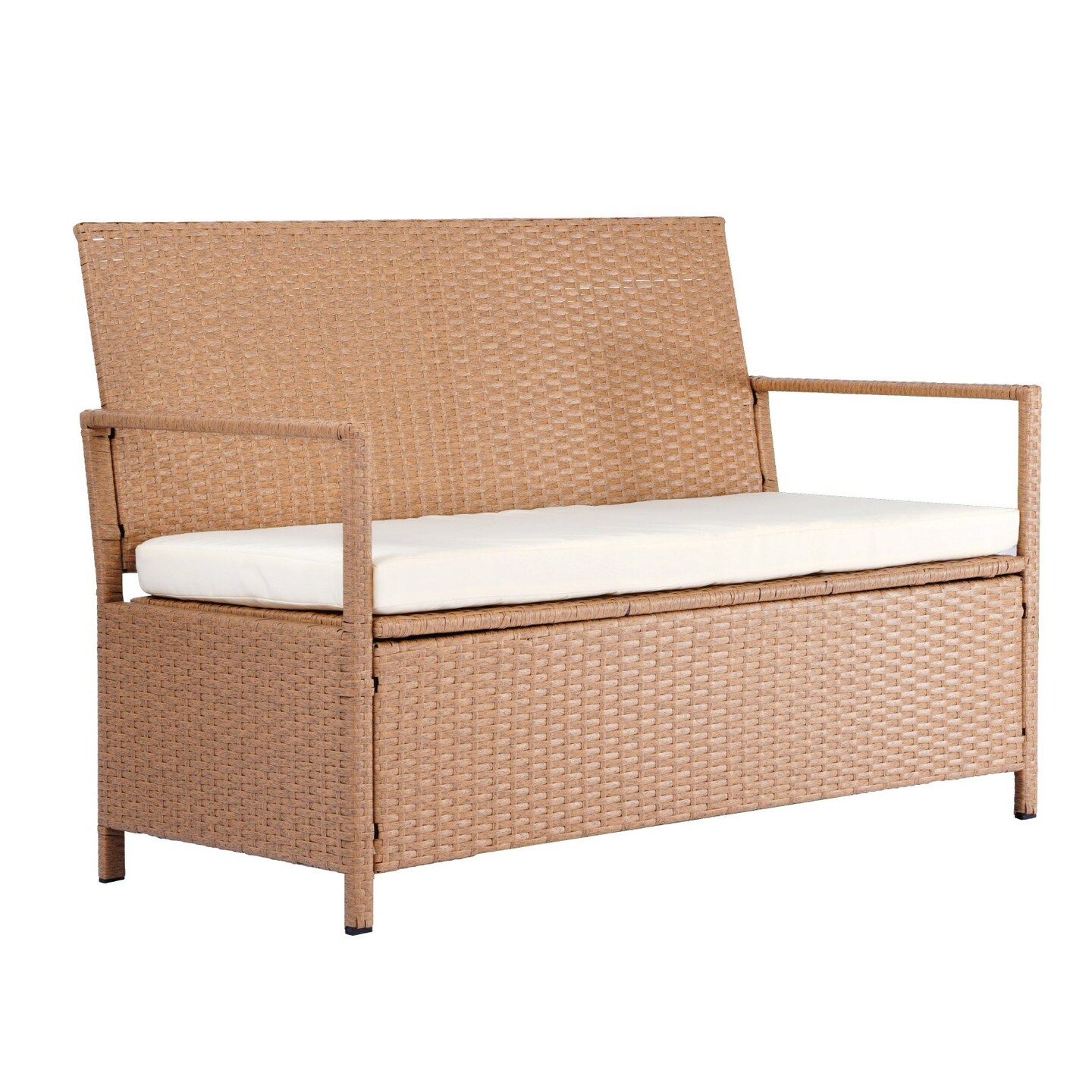 Beige Rattan Outdoor Storage Bench with Steel Frame and Cushion