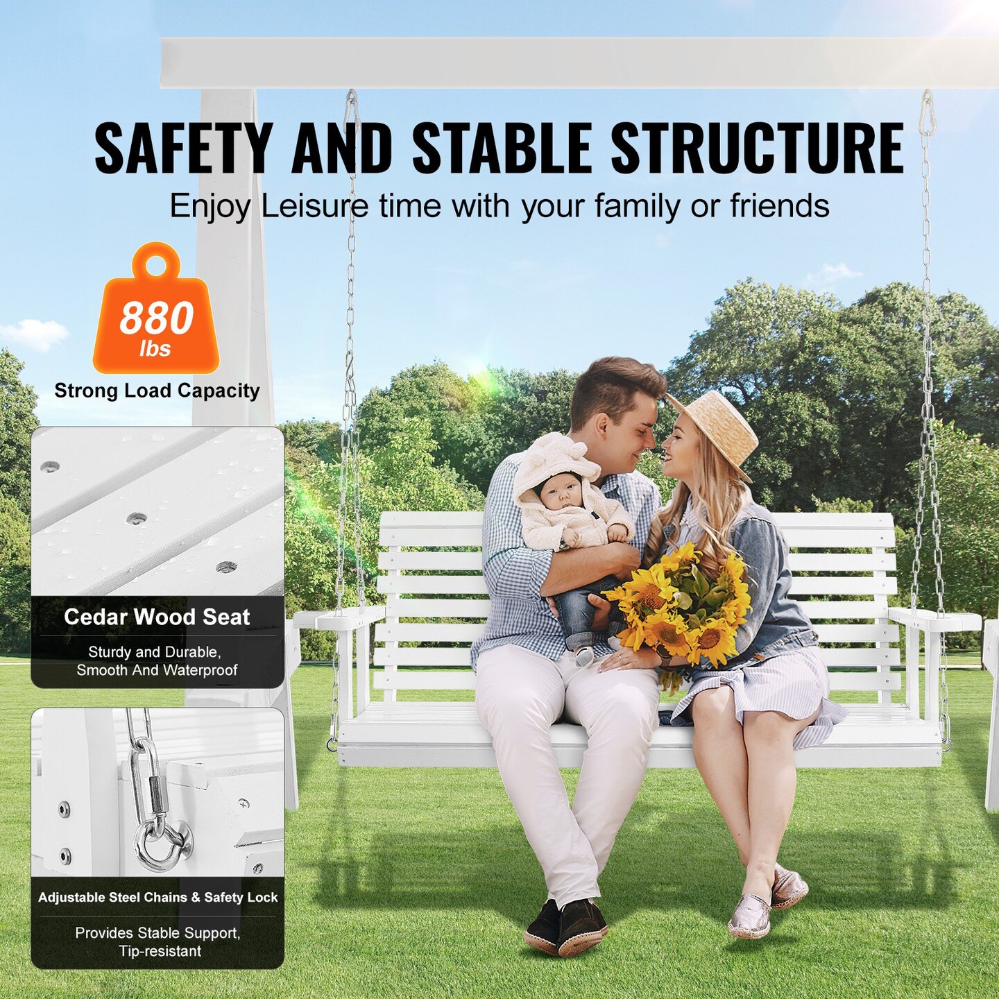 White Cedar Wood Porch Swing with Steel Chains and Cup Holders