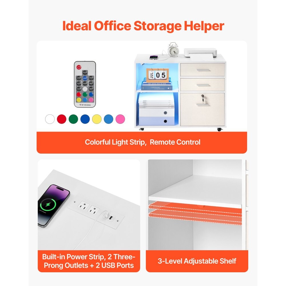 White 3-Drawer Lockable Wooden File Cabinet with Power Strip and Adjustable Shelves on Wheels