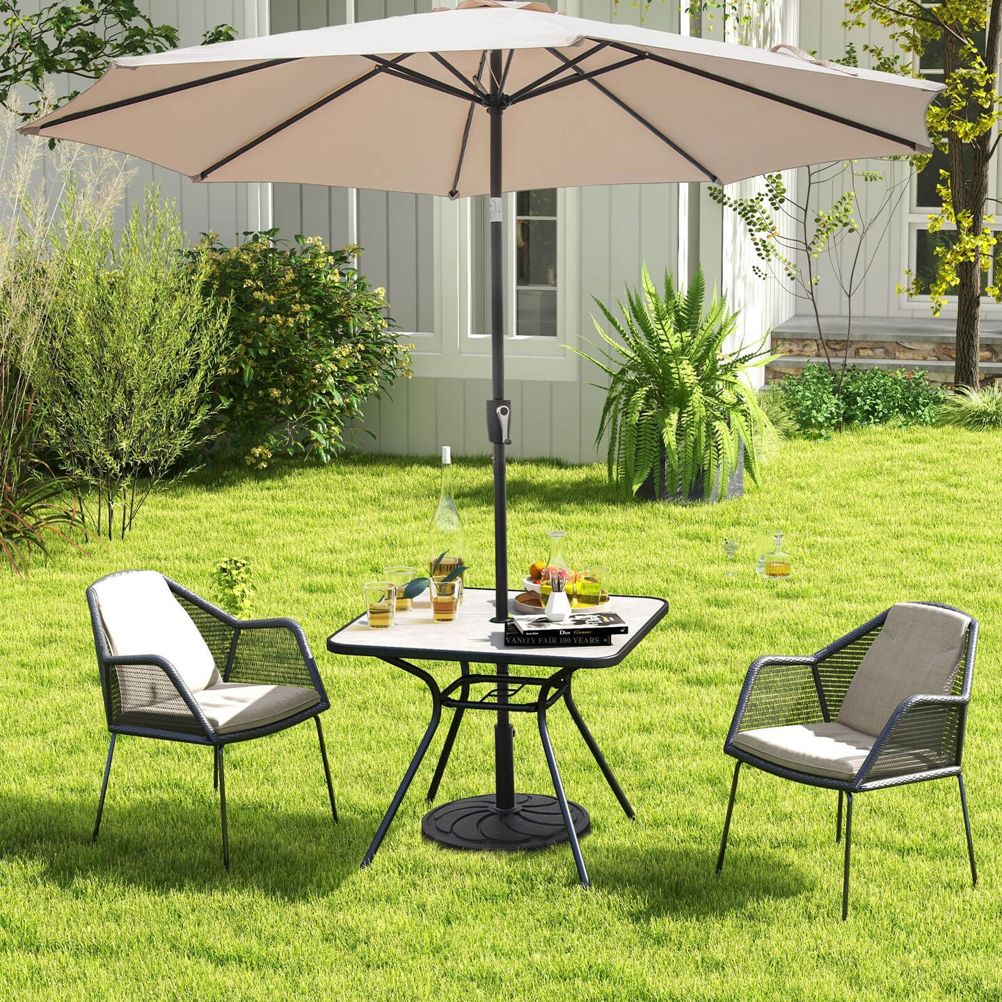 Costway Outdoor Dining Table 32'' x 32'' Patio Bistro Table with Umbrella Hole for 4 Persons