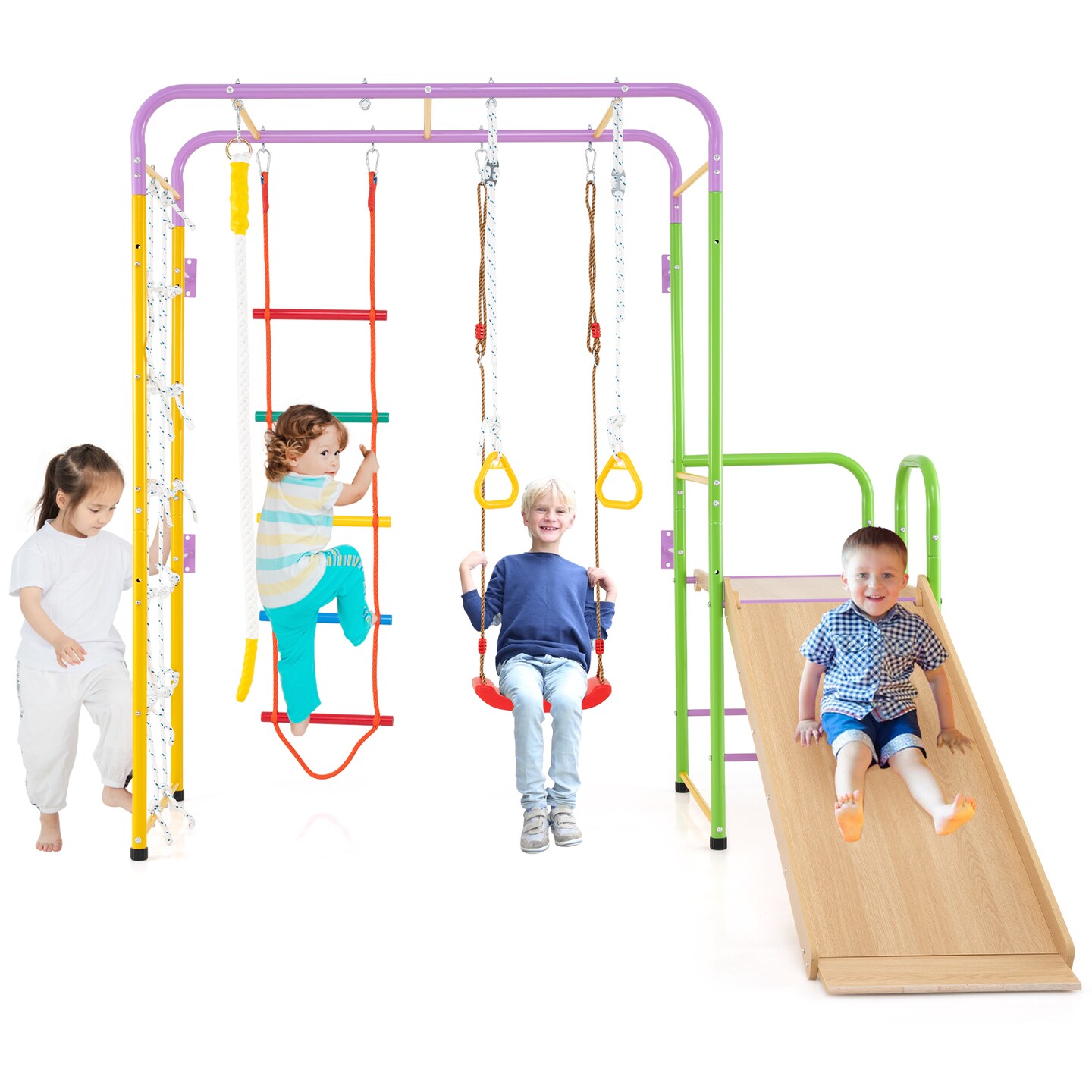 Multicolor Metal and Plywood 8-in-1 Kids Indoor Climbing Playset with Swing and Slide