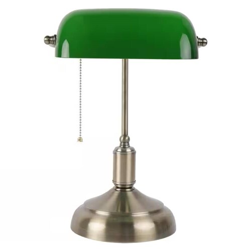 Vintage Brass Bankers Desk Lamp with Green Glass Shade Adjustable Table Light for Home Office
