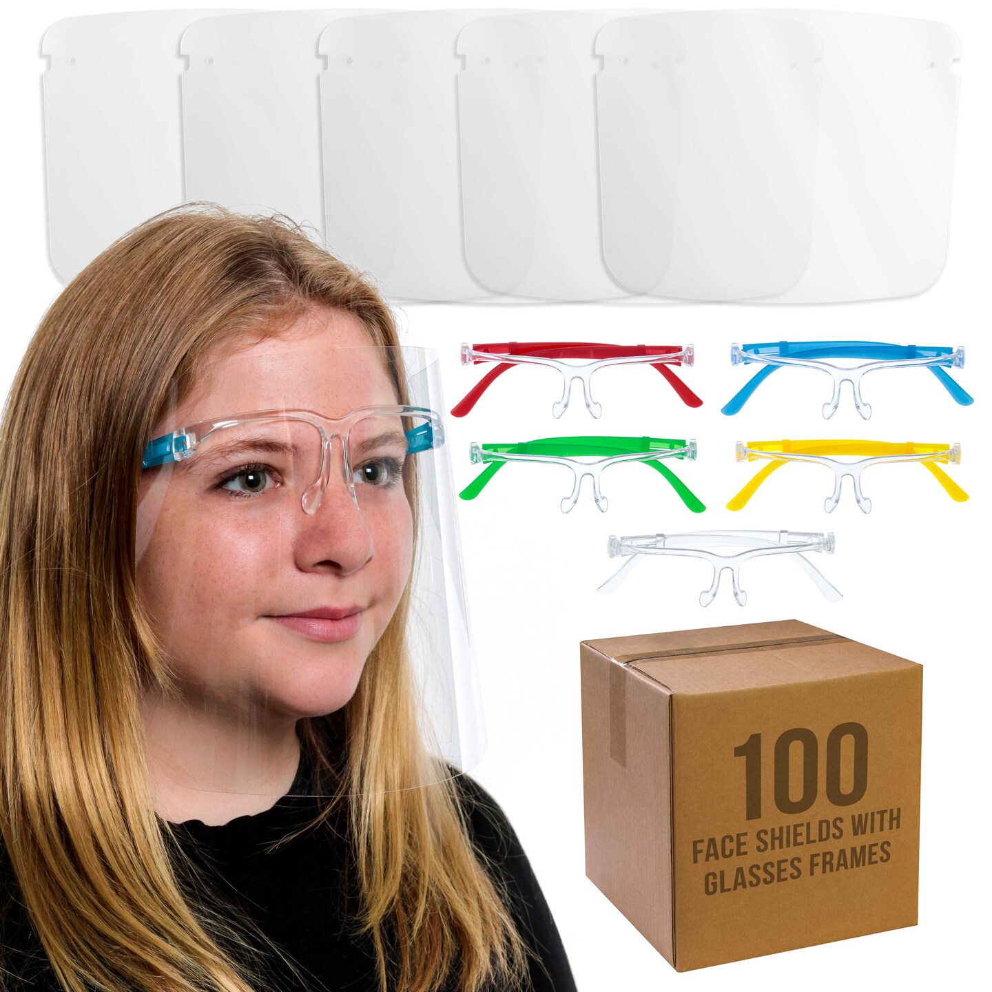 100 Kids Face Shields with Glasses Frames (20 Packs of 5) - 5 Colors, 20 Each - Protective Children&#x27;s Full Face Shields - Anti-Fog PET Plastic