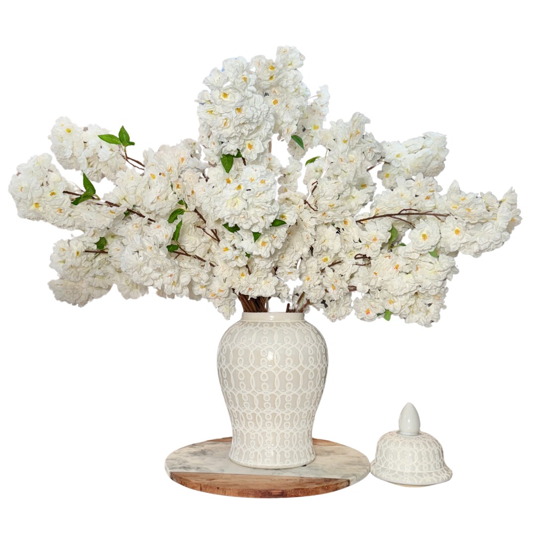 Aria White Cherry Blossom Branches Set of 3 Artificial Silk Stems Faux White Floral Bundle for Home, Wedding & Event Decor