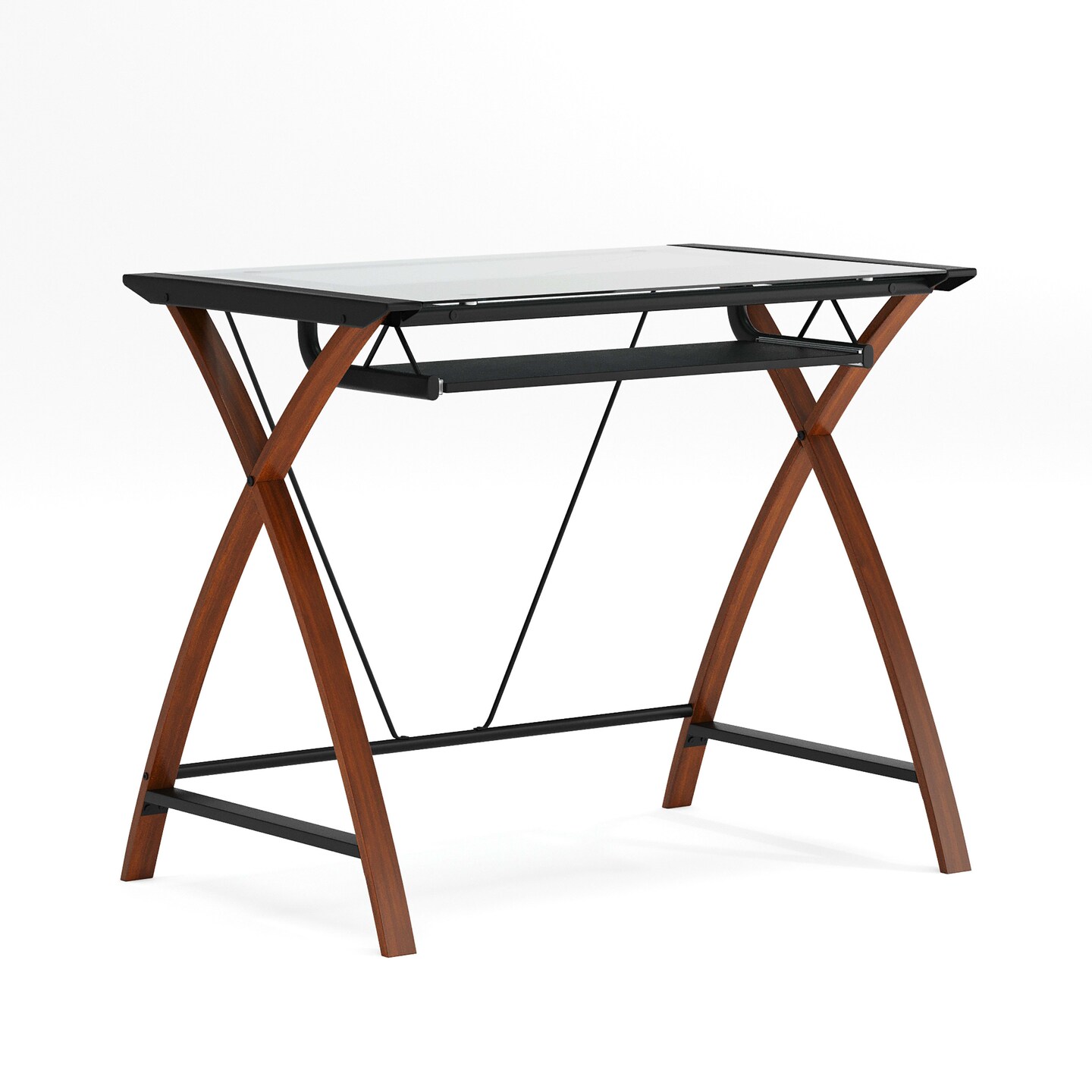 Emma and Oliver Glass Computer Desk-Pull-Out Keyboard Tray & Crisscross Frame