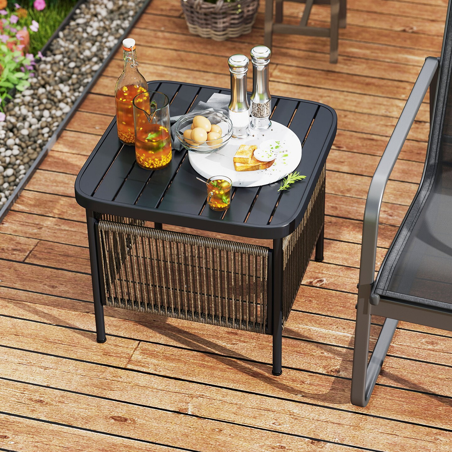 2 Tier Outdoor Side Table with Umbrella Hole Metal Patio End Table Black and Natural